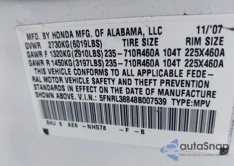 2008 Honda Odyssey Touring from USA, damaged, VIN 5FNRL38848B007539